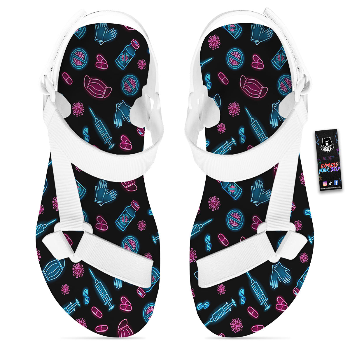 Neon Medical Equipment Print Pattern White Open Toe Sandals-grizzshop