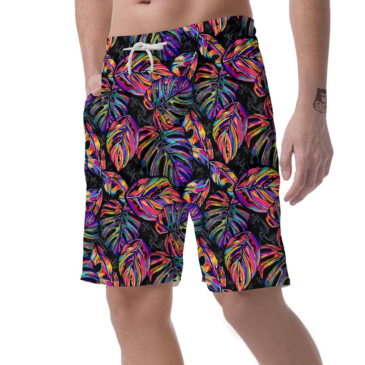 Neon Multicolor Palm Leaf Print Men's Shorts-grizzshop