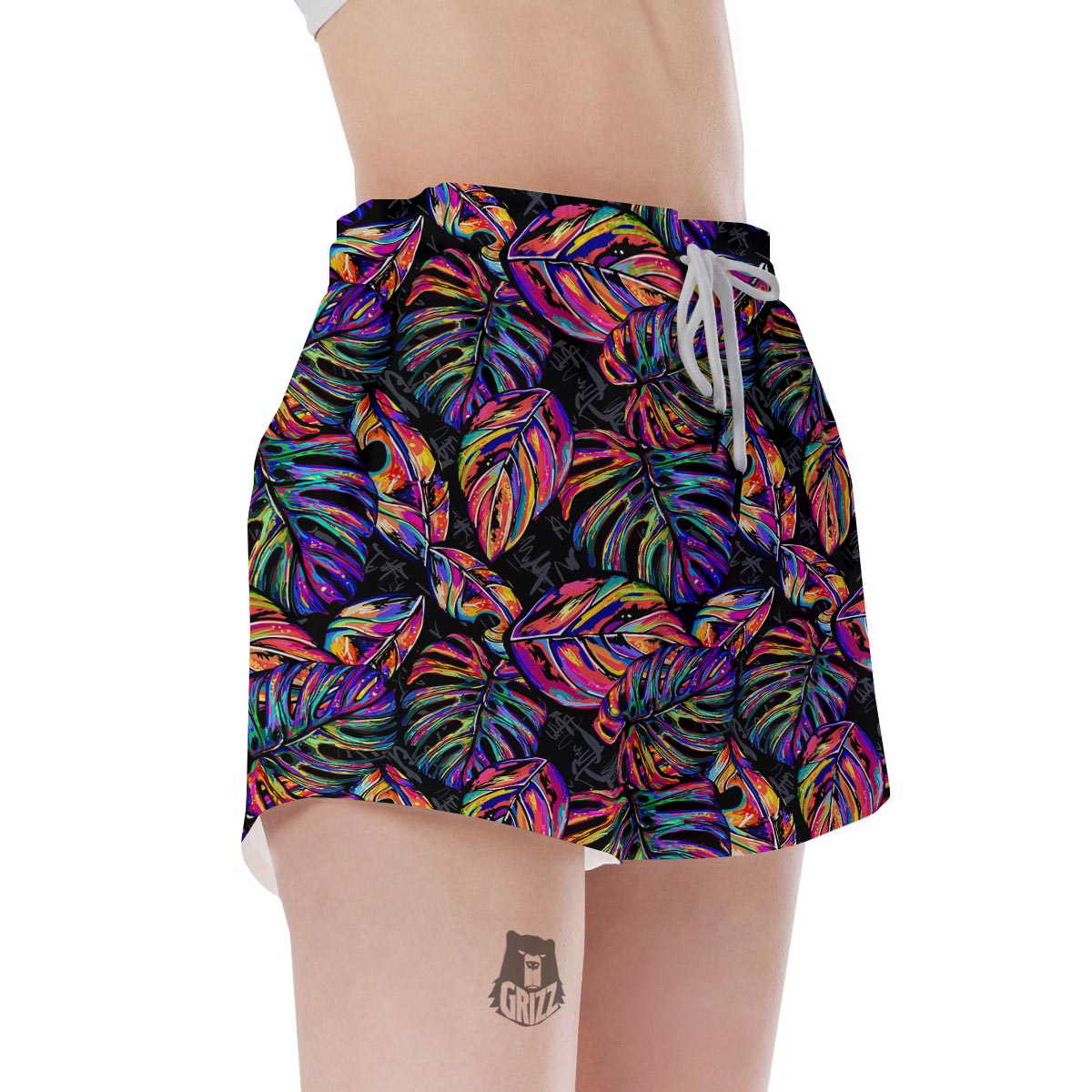 Neon Multicolor Palm Leaf Print Women's Shorts-grizzshop