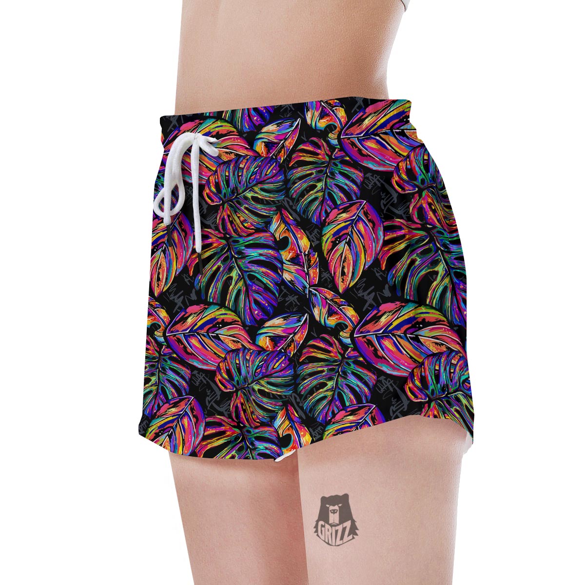 Neon Multicolor Palm Leaf Print Women's Shorts-grizzshop