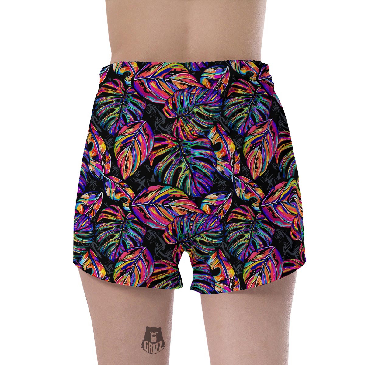 Neon Multicolor Palm Leaf Print Women's Shorts-grizzshop