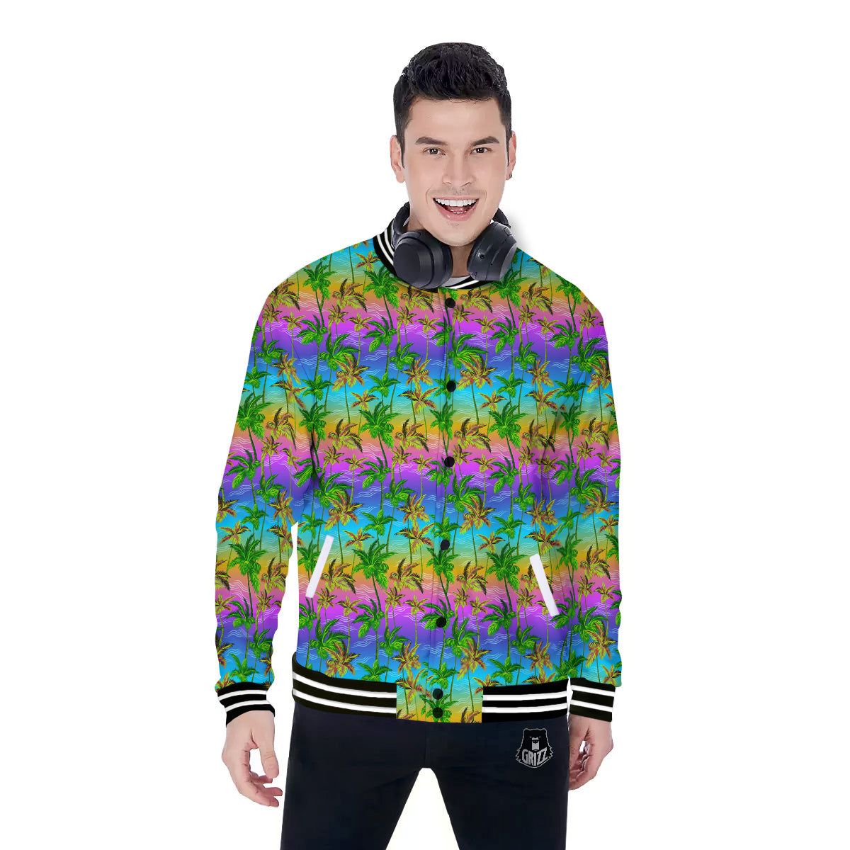 Neon Palm Tree Print Pattern Baseball Jacket-grizzshop