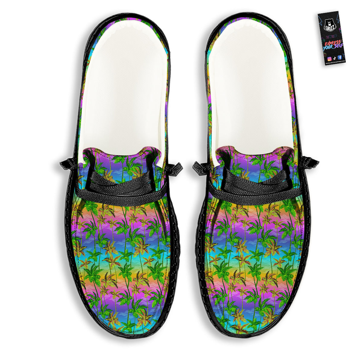 Neon Palm Tree Print Pattern Black Loafers-grizzshop