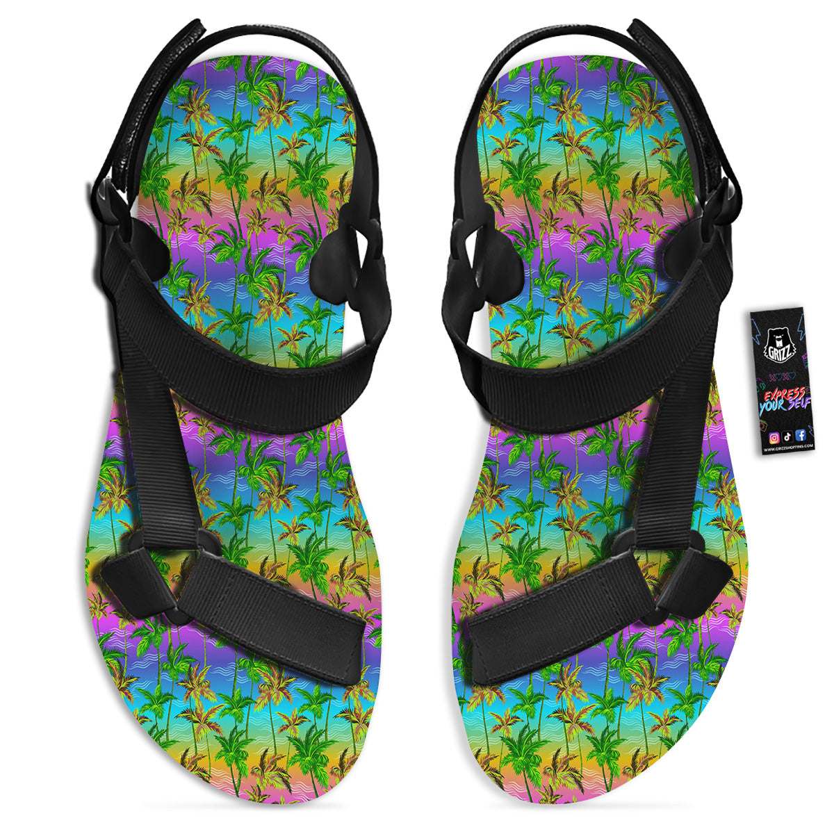 Neon Palm Tree Print Pattern Black Open Toe Sandals-grizzshop