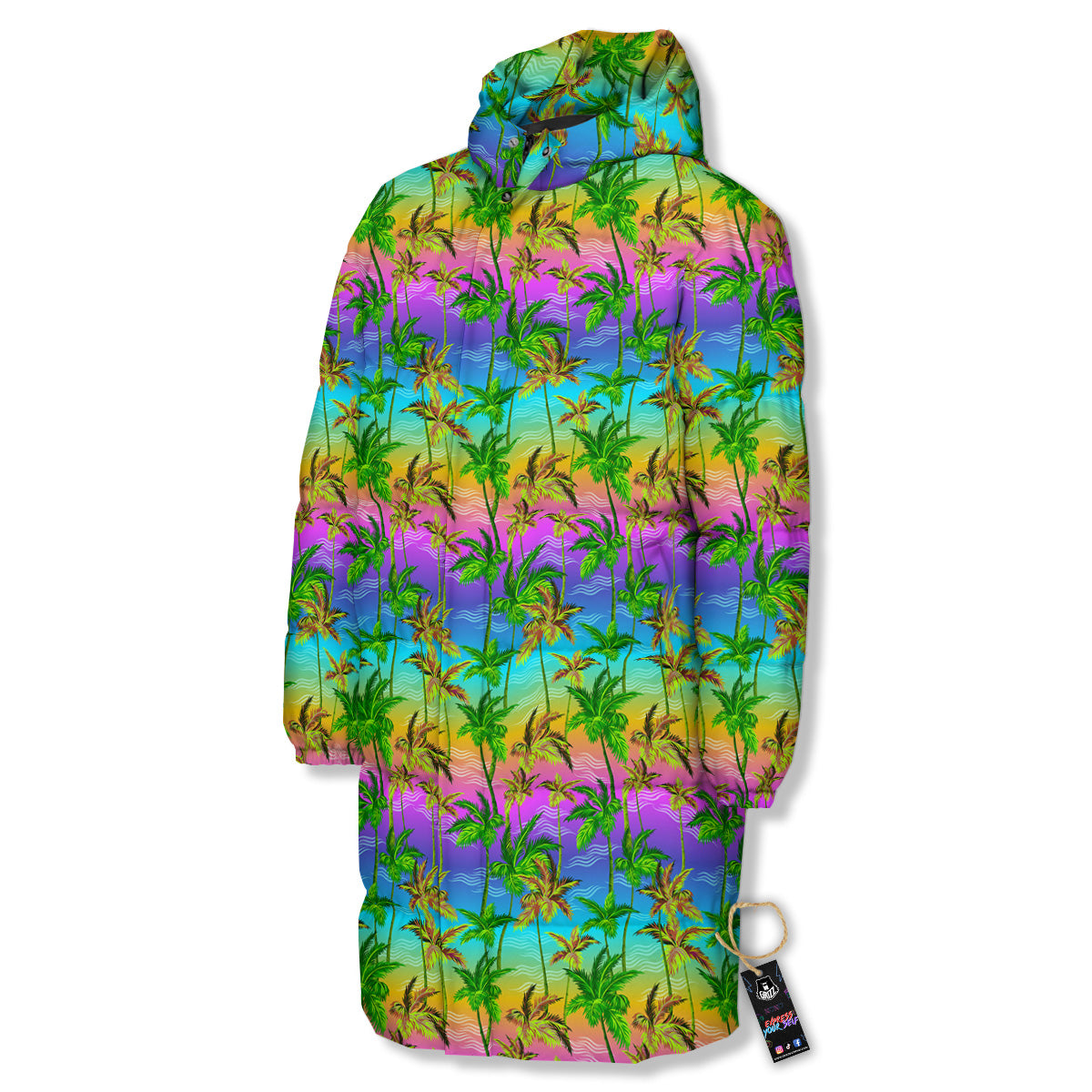 Neon Palm Tree Print Pattern Long Down Jacket-grizzshop