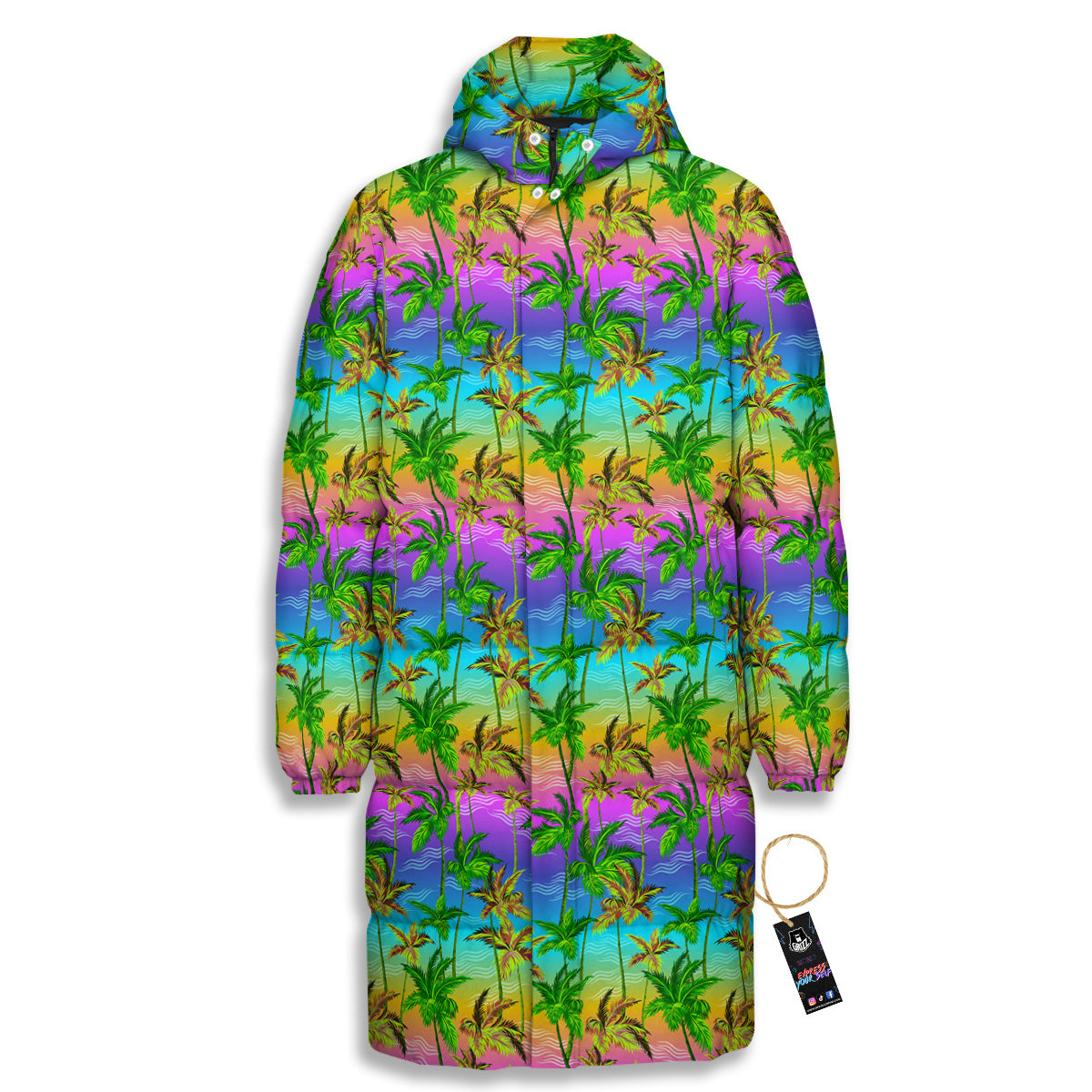Neon Palm Tree Print Pattern Long Down Jacket-grizzshop
