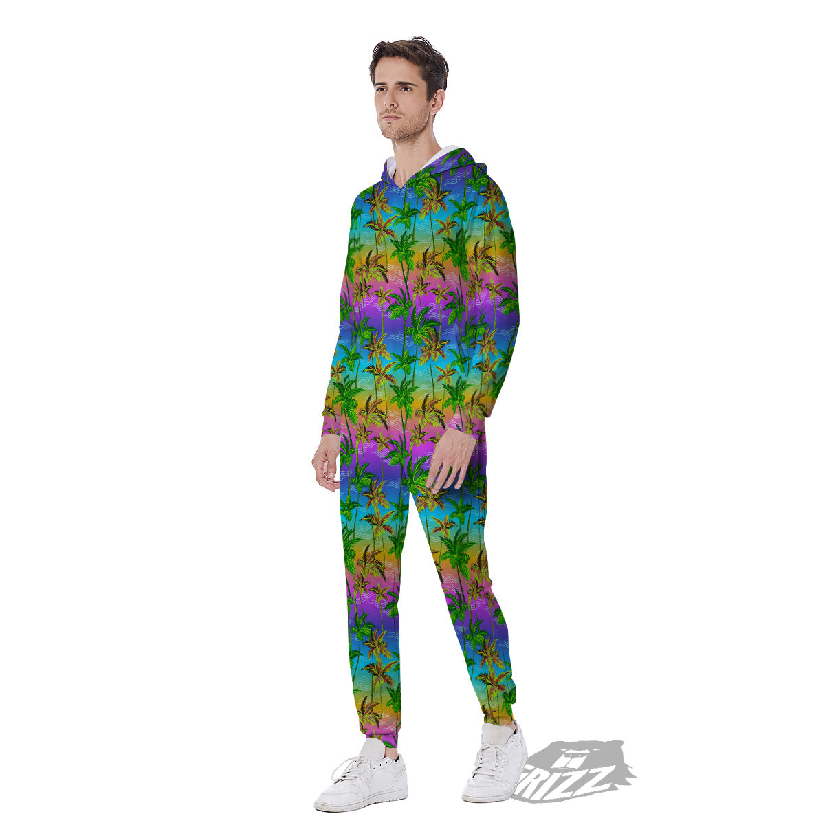 Neon Palm Tree Print Pattern Men's Jumpsuit-grizzshop