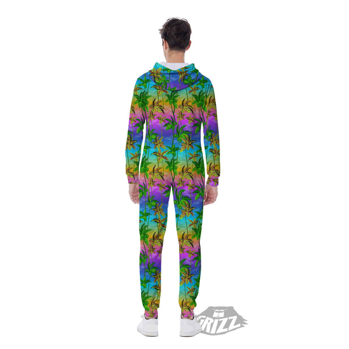 Neon Palm Tree Print Pattern Men's Jumpsuit-grizzshop