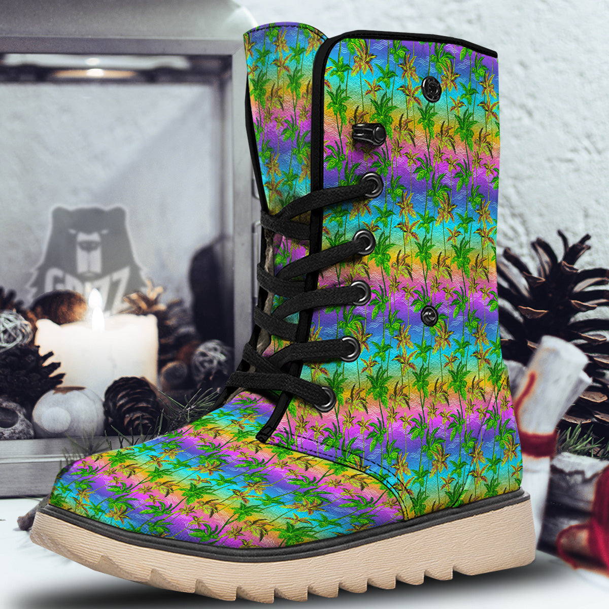 Neon Palm Tree Print Pattern Snow Boots-grizzshop