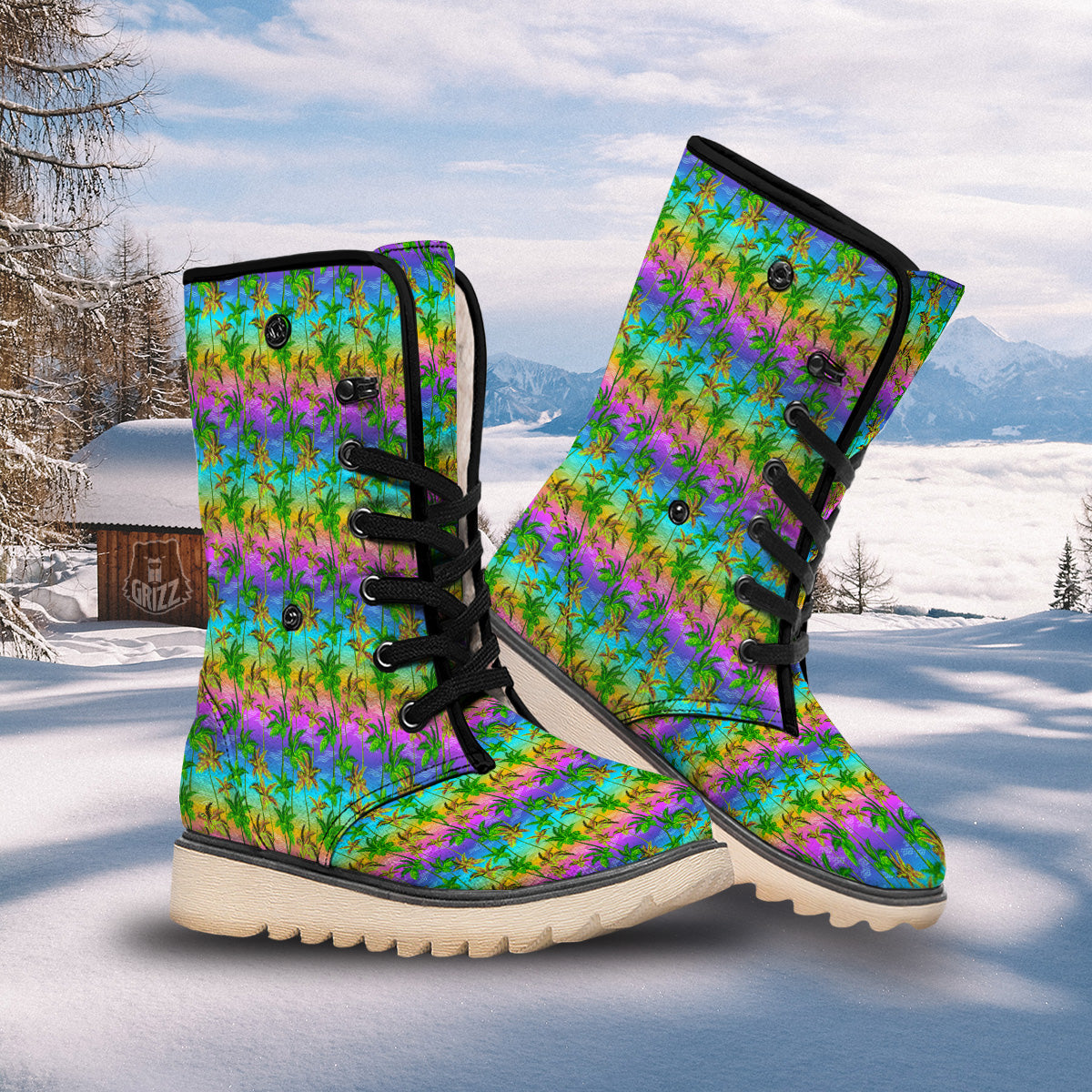 Neon Palm Tree Print Pattern Snow Boots-grizzshop