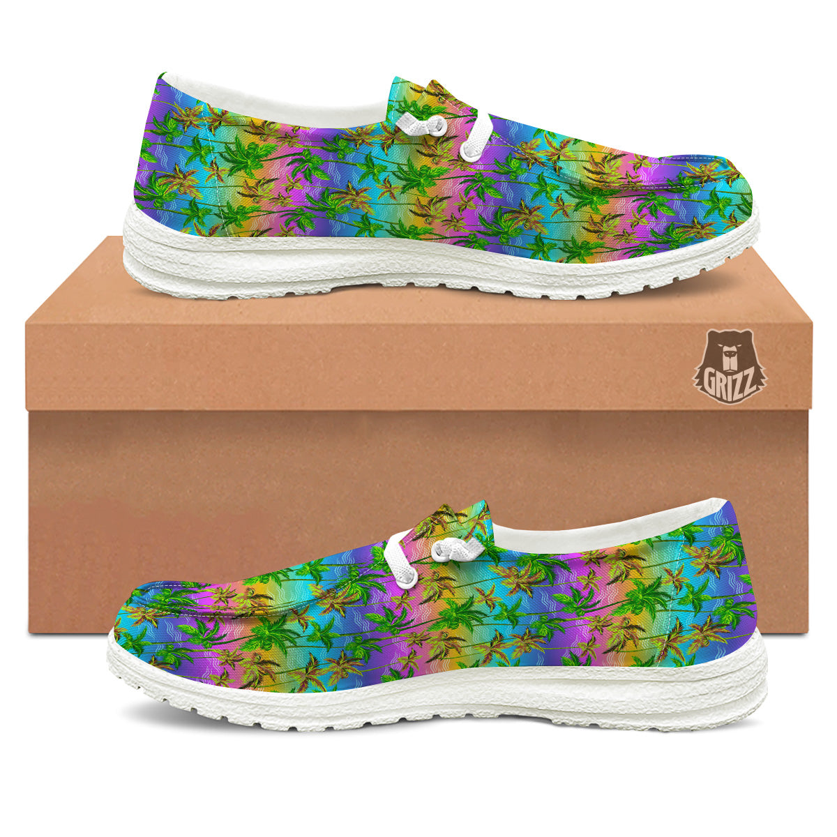 Neon Palm Tree Print Pattern White Loafers-grizzshop
