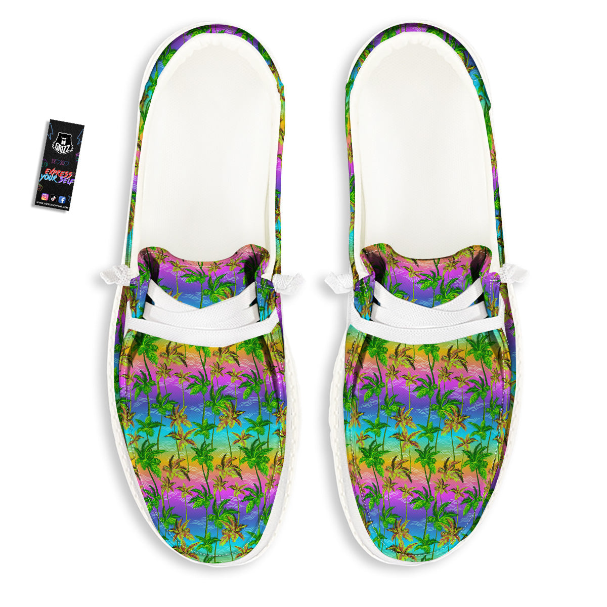 Neon Palm Tree Print Pattern White Loafers-grizzshop