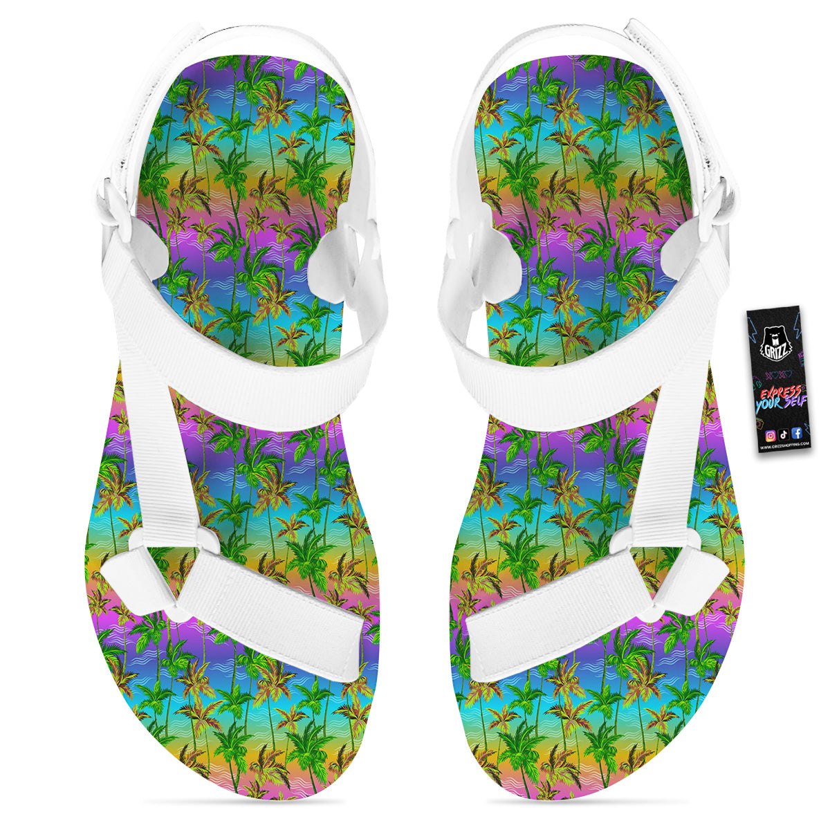 Neon Palm Tree Print Pattern White Open Toe Sandals-grizzshop
