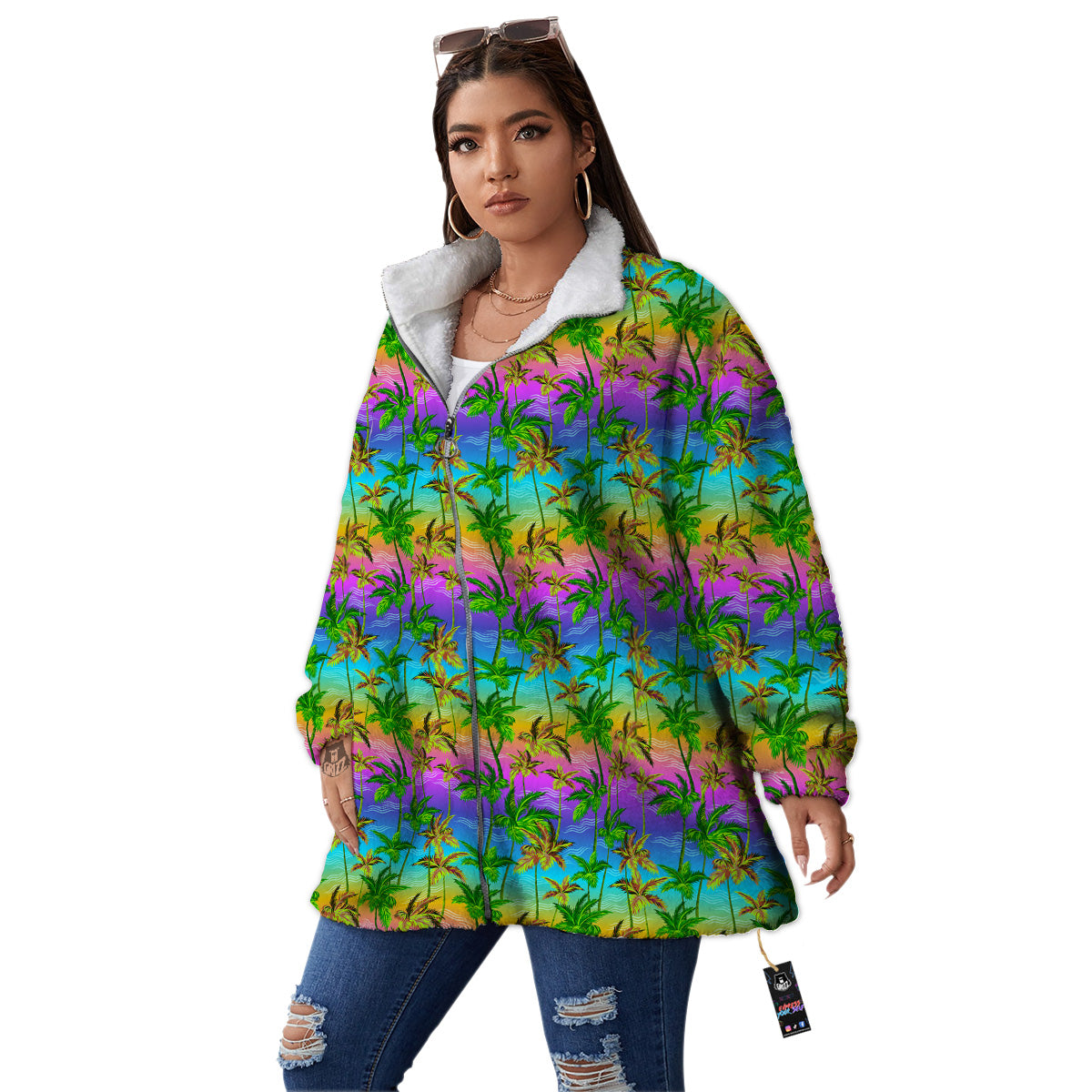 Neon Palm Tree Print Pattern Women's Sherpa Jacket-grizzshop