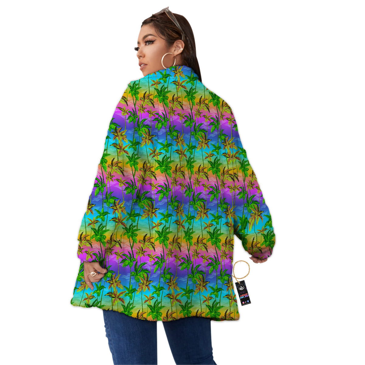 Neon Palm Tree Print Pattern Women's Sherpa Jacket-grizzshop