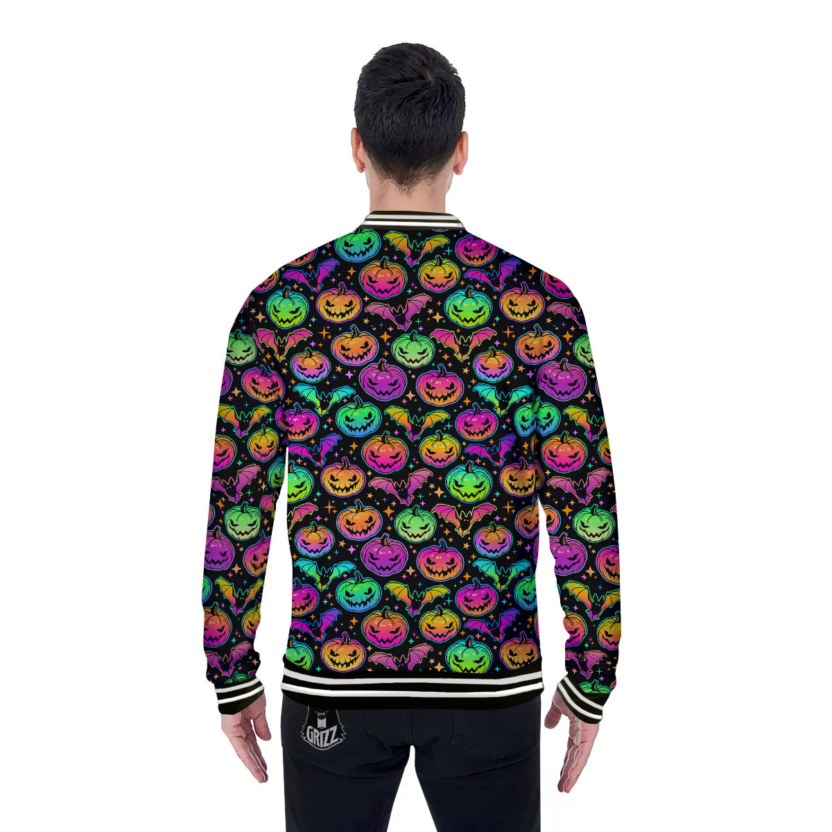 Neon Pumpkins And Bat Halloween Print Pattern Baseball Jacket-grizzshop