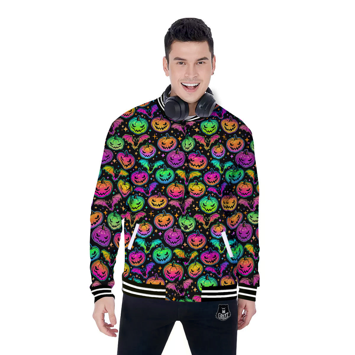 Neon Pumpkins And Bat Halloween Print Pattern Baseball Jacket-grizzshop