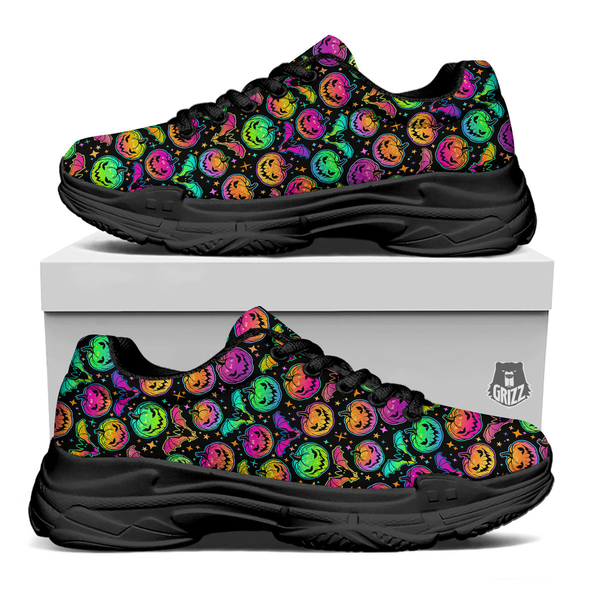 Neon Pumpkins And Bat Halloween Print Pattern Black Chunky Shoes-grizzshop