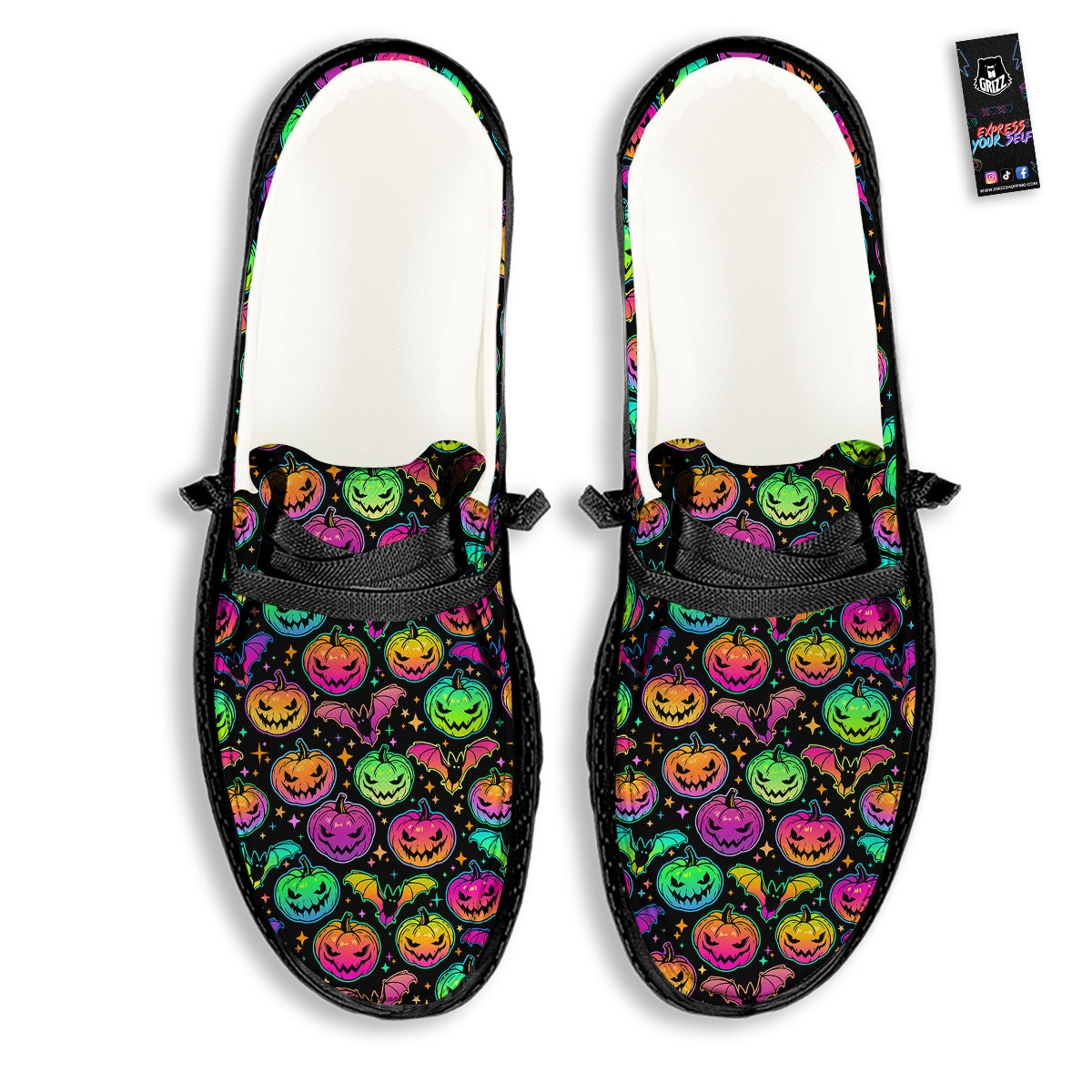 Neon Pumpkins And Bat Halloween Print Pattern Black Loafers-grizzshop