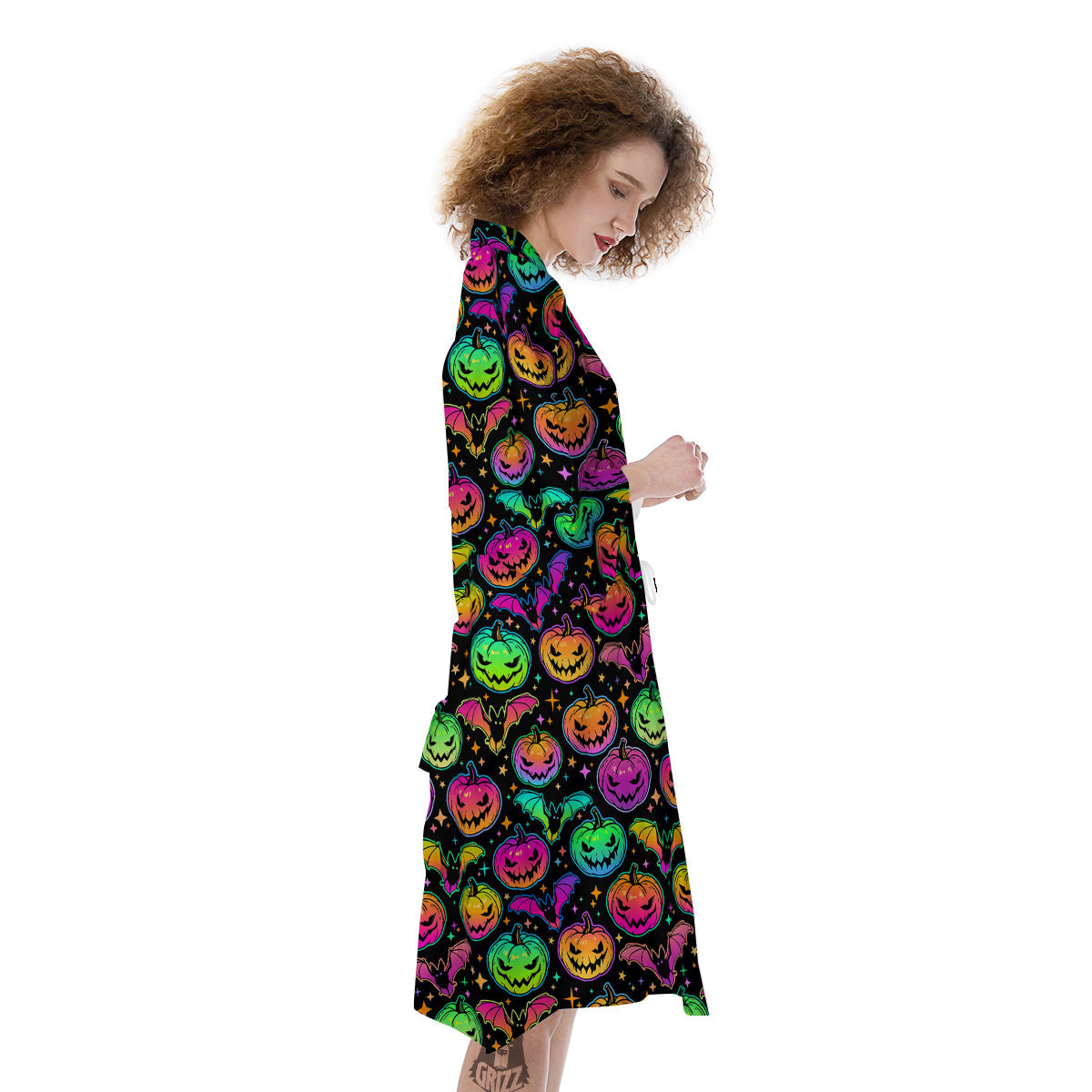 Neon Pumpkins And Bat Halloween Print Pattern Kimono-grizzshop