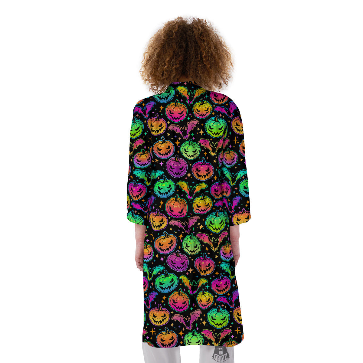 Neon Pumpkins And Bat Halloween Print Pattern Kimono-grizzshop