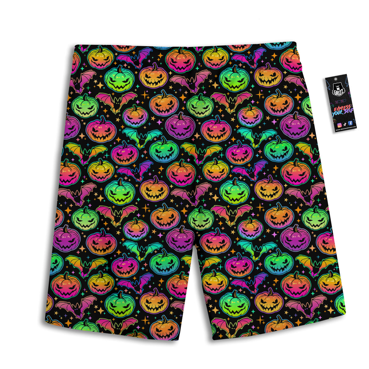 Neon Pumpkins And Bat Halloween Print Pattern Men's Athletic Shorts