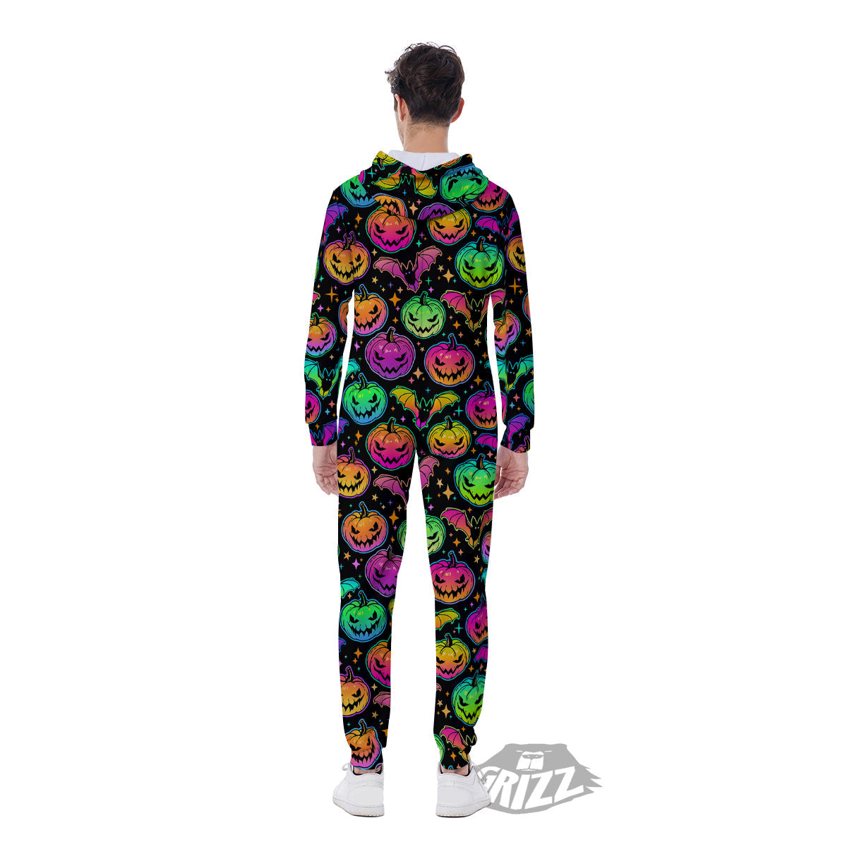 Neon Pumpkins And Bat Halloween Print Pattern Men's Jumpsuit-grizzshop