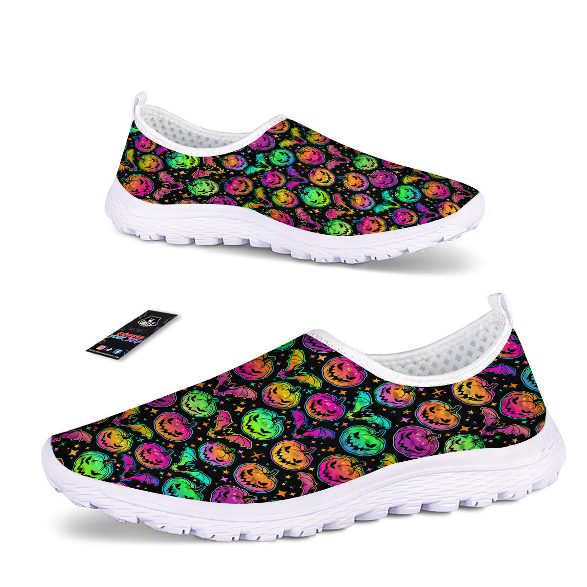 Neon Pumpkins And Bat Halloween Print Pattern Nurse Shoes-grizzshop