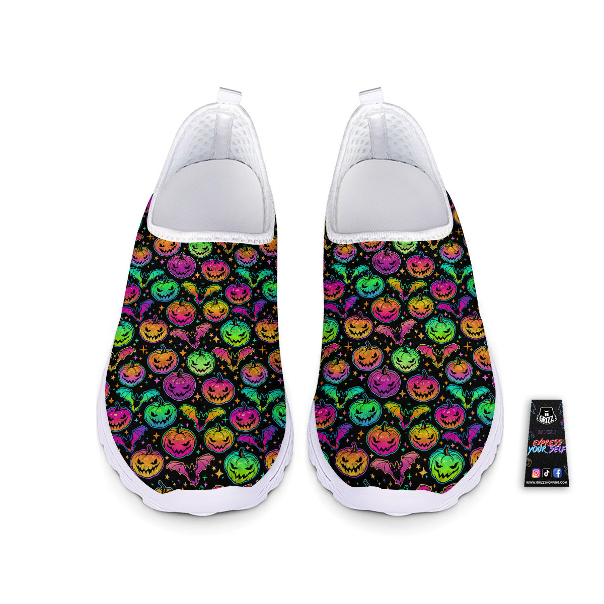 Neon Pumpkins And Bat Halloween Print Pattern Nurse Shoes-grizzshop