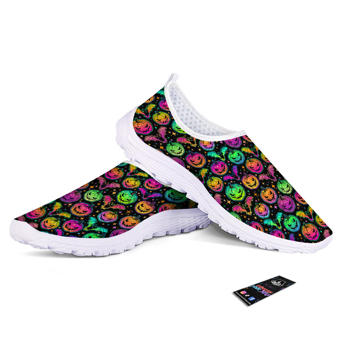 Neon Pumpkins And Bat Halloween Print Pattern Nurse Shoes-grizzshop