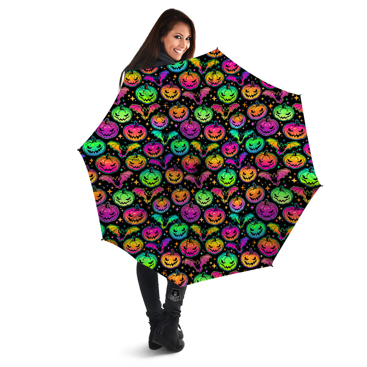 Neon Pumpkins And Bat Halloween Print Pattern Umbrella-grizzshop