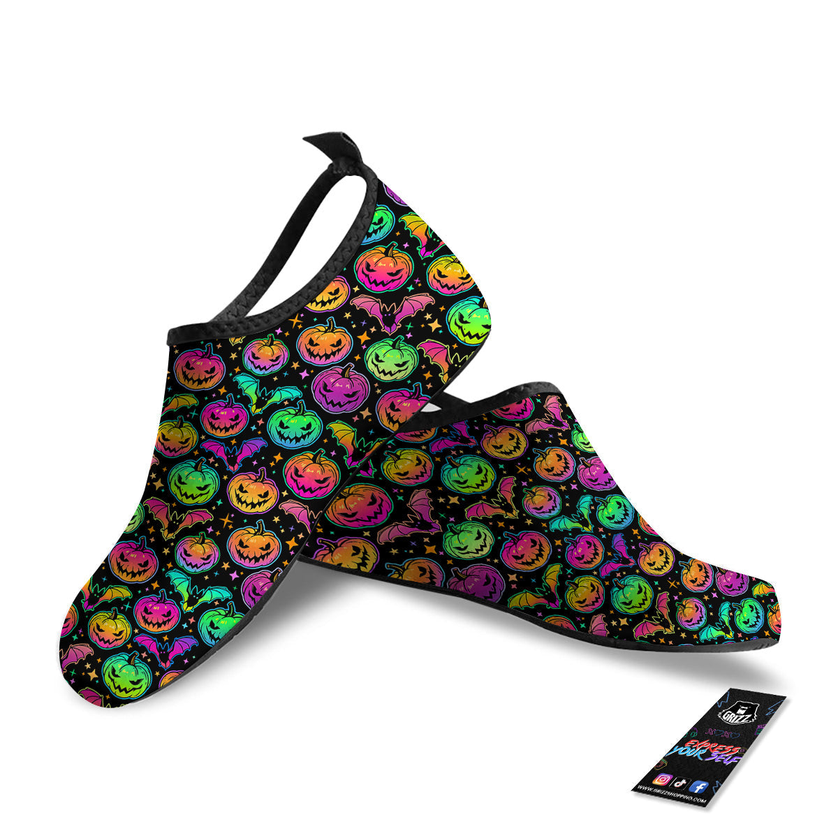 Neon Pumpkins And Bat Halloween Print Pattern Water Shoes-grizzshop