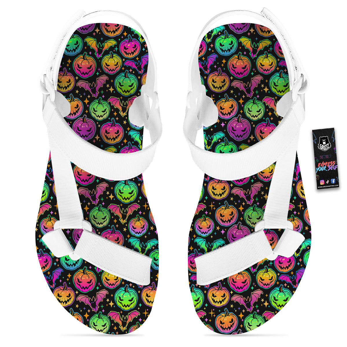 Neon Pumpkins And Bat Halloween Print Pattern White Open Toe Sandals-grizzshop