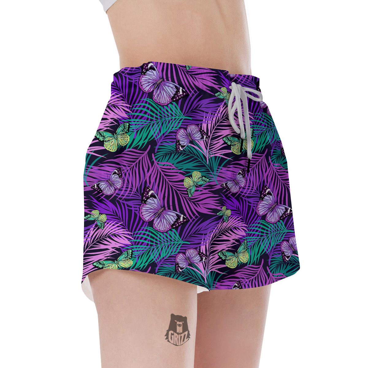 Neon Purple Tropical Palm Tree Butterfly Print Women's Shorts-grizzshop
