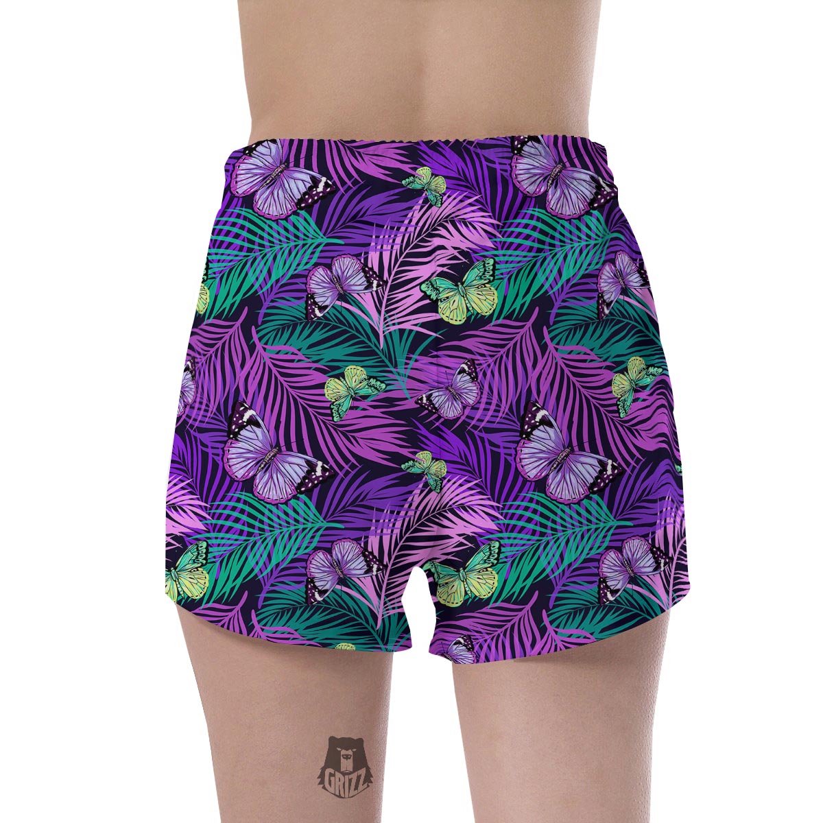 Neon Purple Tropical Palm Tree Butterfly Print Women's Shorts-grizzshop