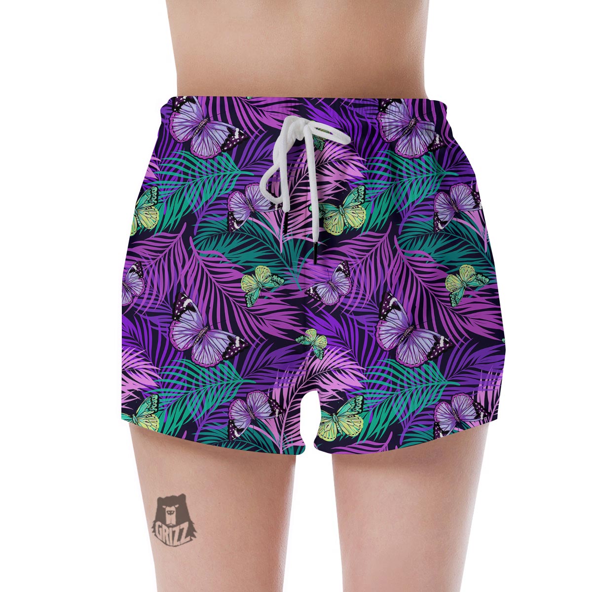 Neon Purple Tropical Palm Tree Butterfly Print Women's Shorts-grizzshop