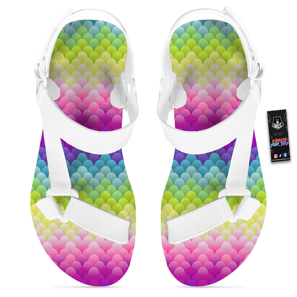 Neon Rainbow Light Blobs Print Pattern White Open Toe Sandals-grizzshop