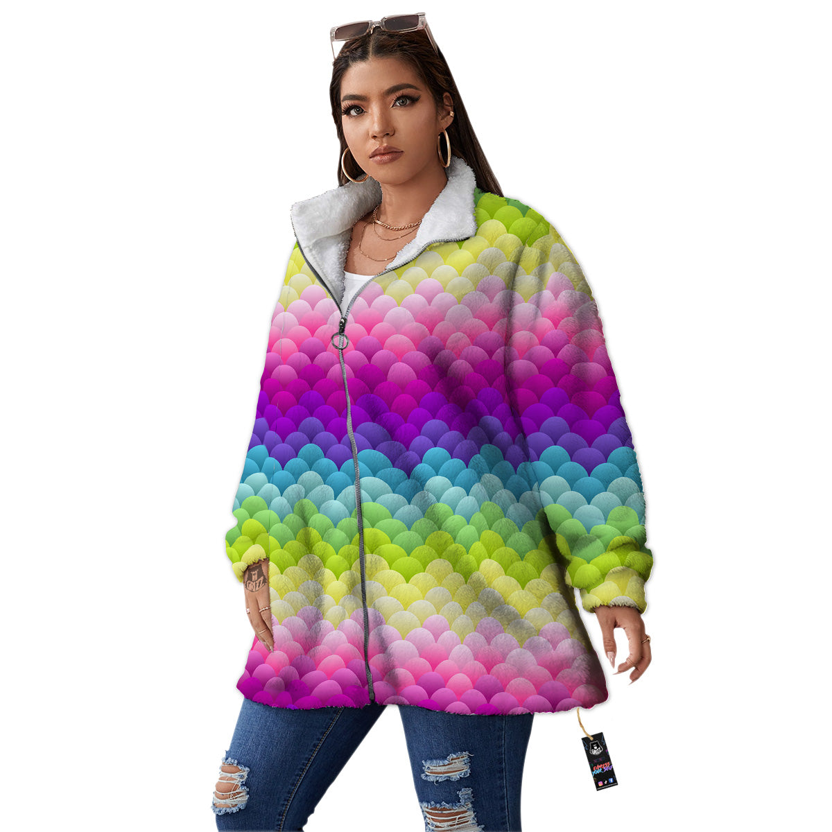 Neon Rainbow Light Blobs Print Pattern Women's Sherpa Jacket-grizzshop