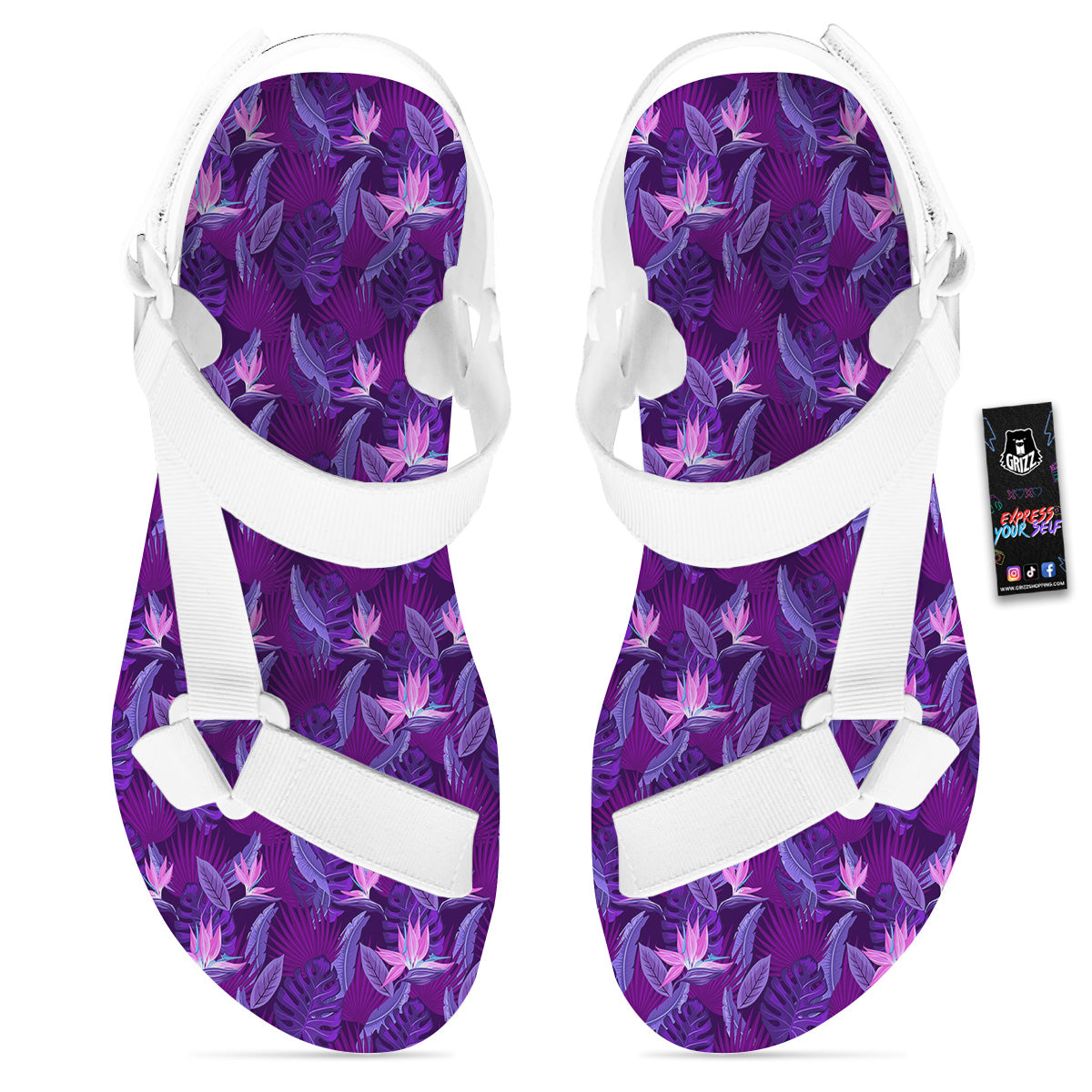 Neon Tropical Foliage And Leave Print Pattern White Open Toe Sandals-grizzshop