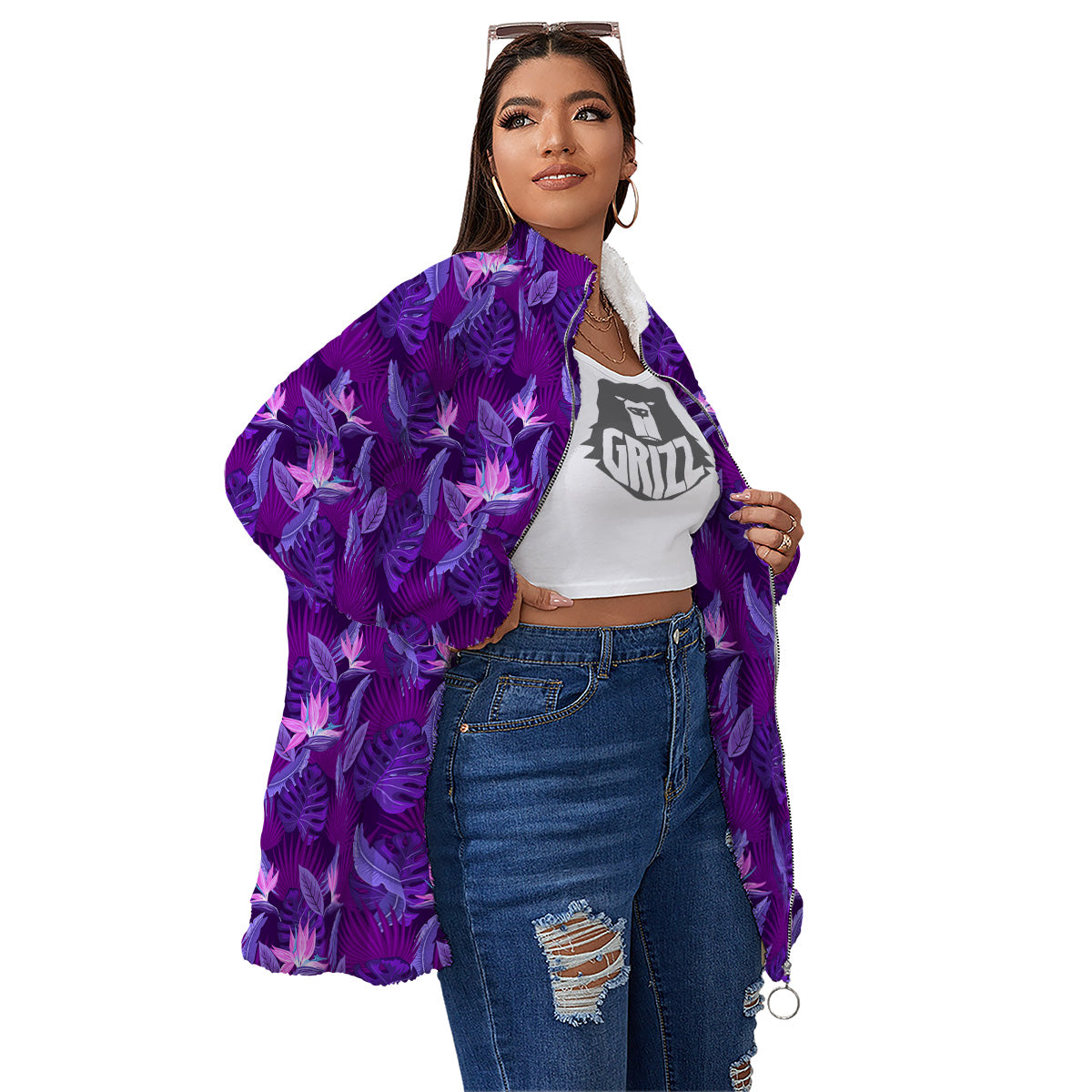 Neon Tropical Foliage And Leave Print Pattern Women's Sherpa Jacket-grizzshop