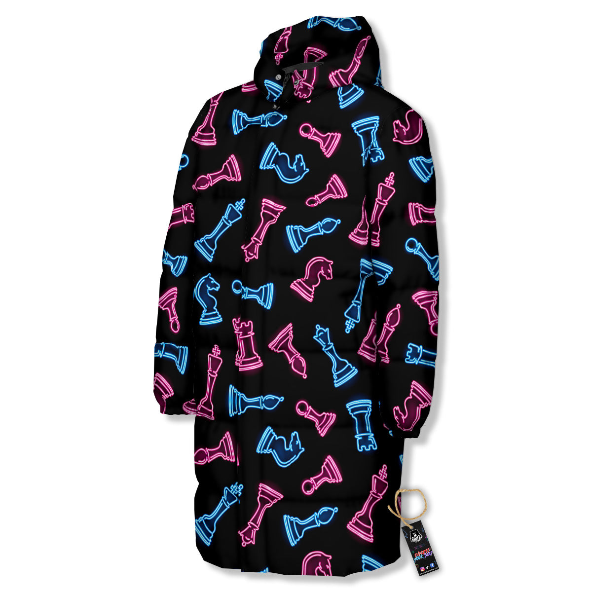 Neon Chess Pieces Print Pattern Long Down Jacket