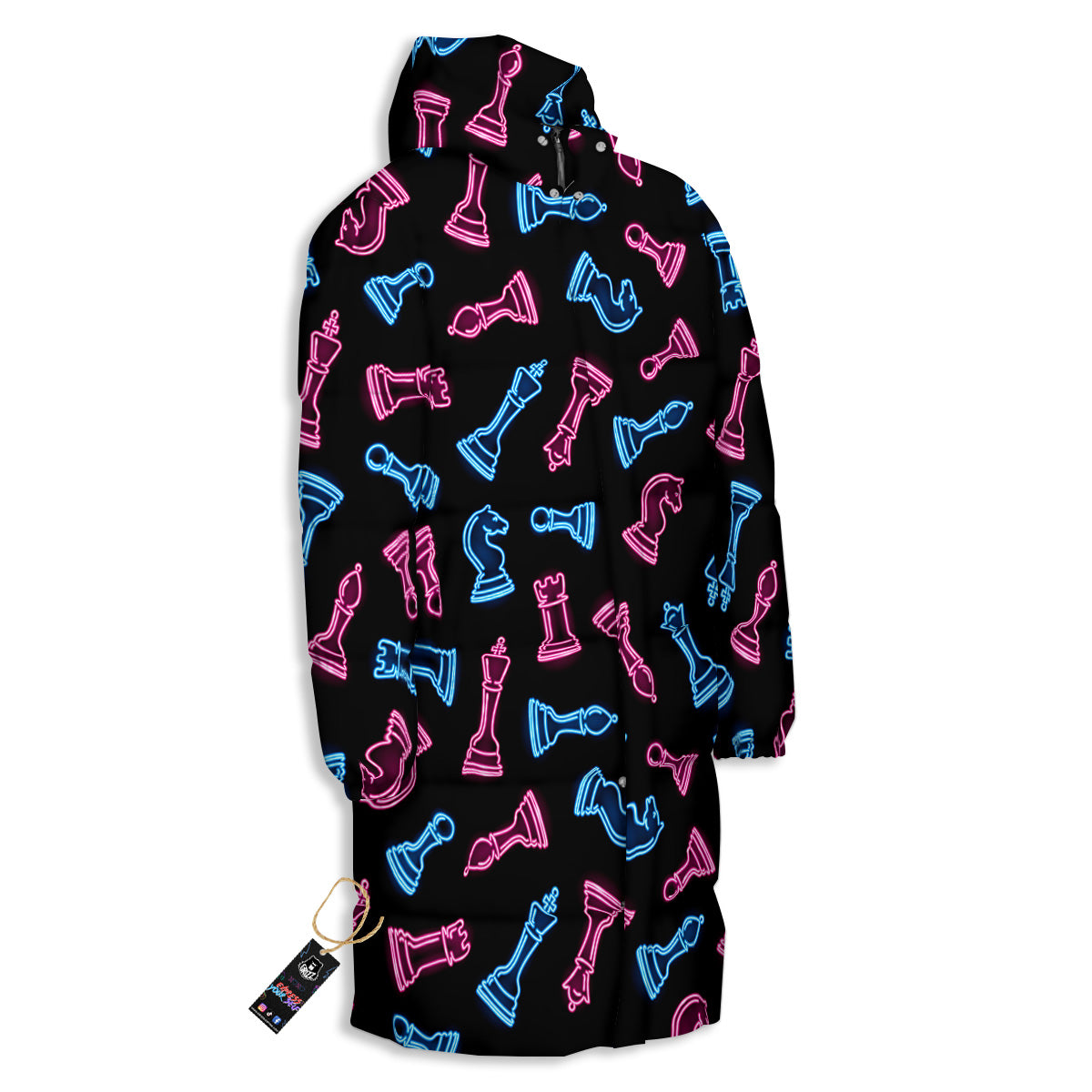 Neon Chess Pieces Print Pattern Long Down Jacket