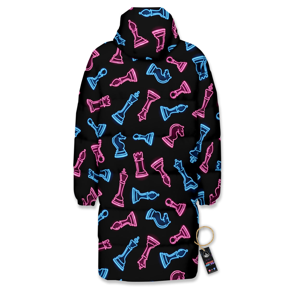 Neon Chess Pieces Print Pattern Long Down Jacket