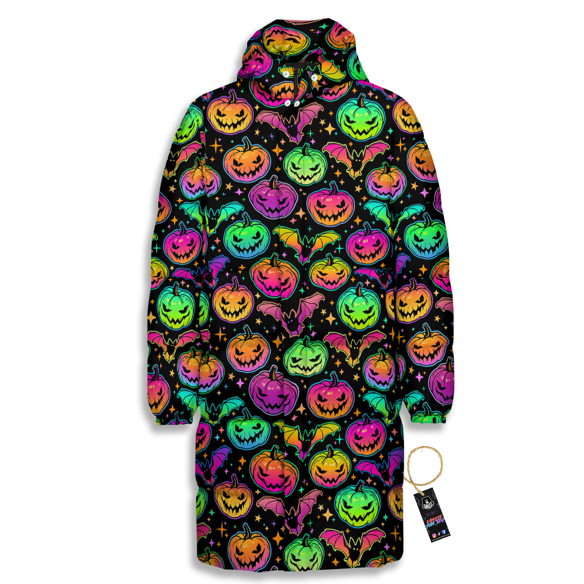 Neon Pumpkins And Bat Halloween Print Pattern Long Down Jacket