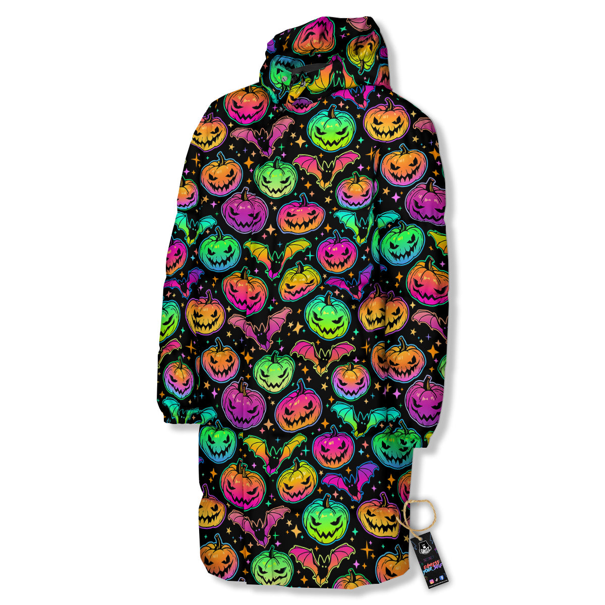 Neon Pumpkins And Bat Halloween Print Pattern Long Down Jacket