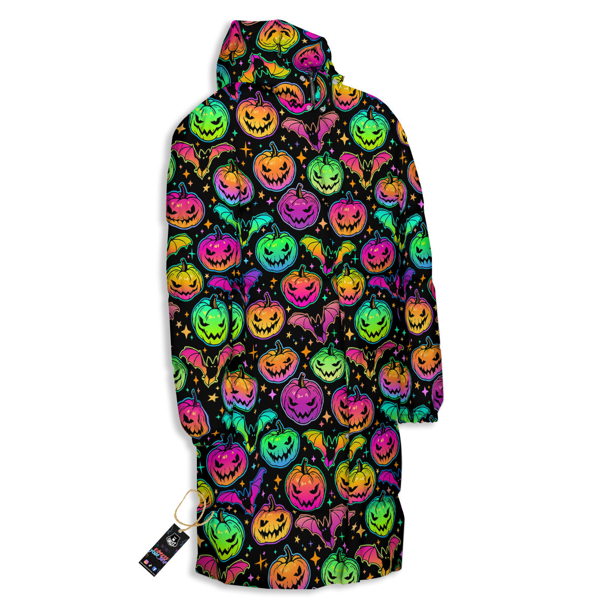 Neon Pumpkins And Bat Halloween Print Pattern Long Down Jacket