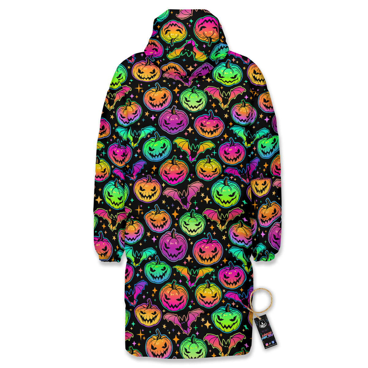 Neon Pumpkins And Bat Halloween Print Pattern Long Down Jacket