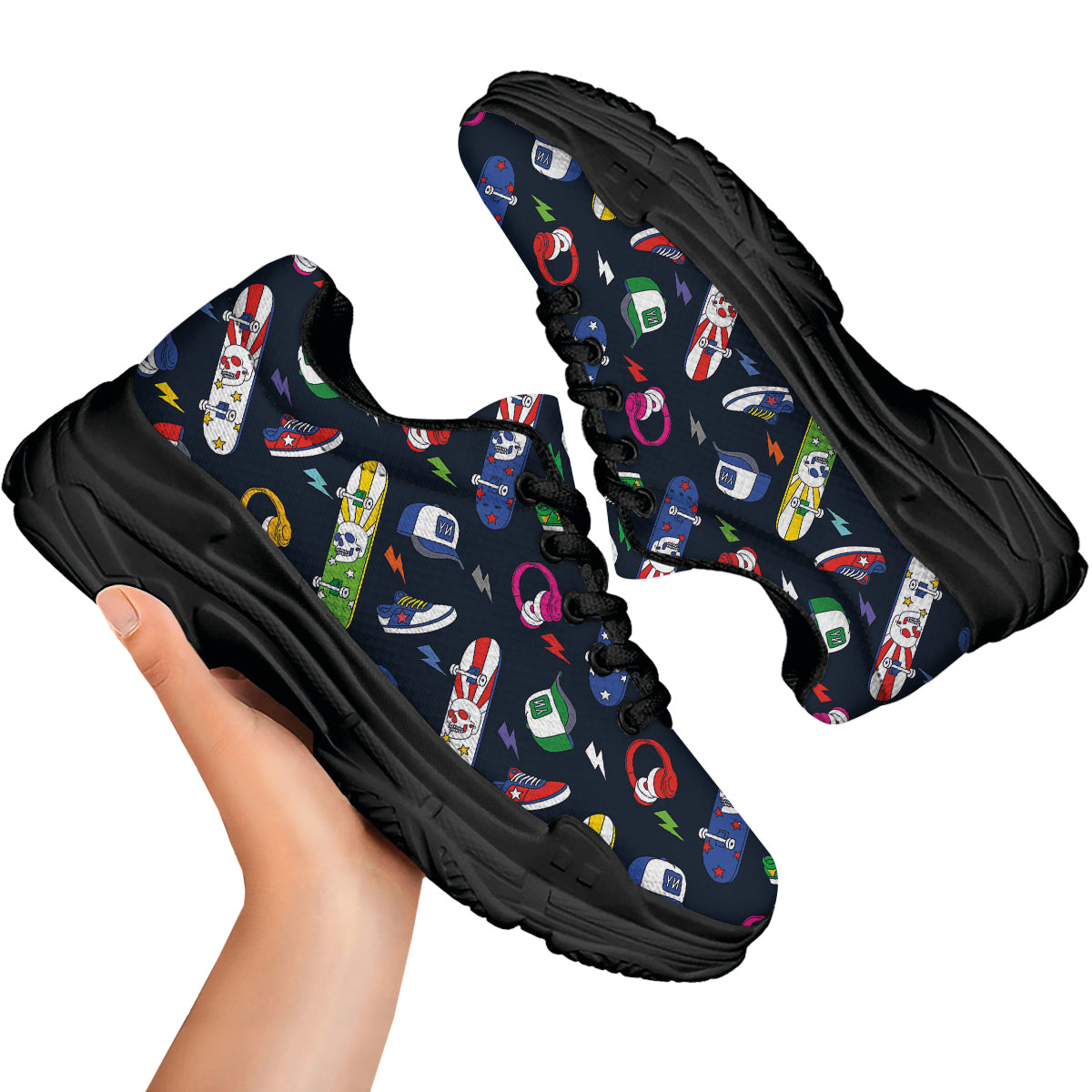 New York Skateboard Colorful Print Pattern Black Chunky Shoes-grizzshop