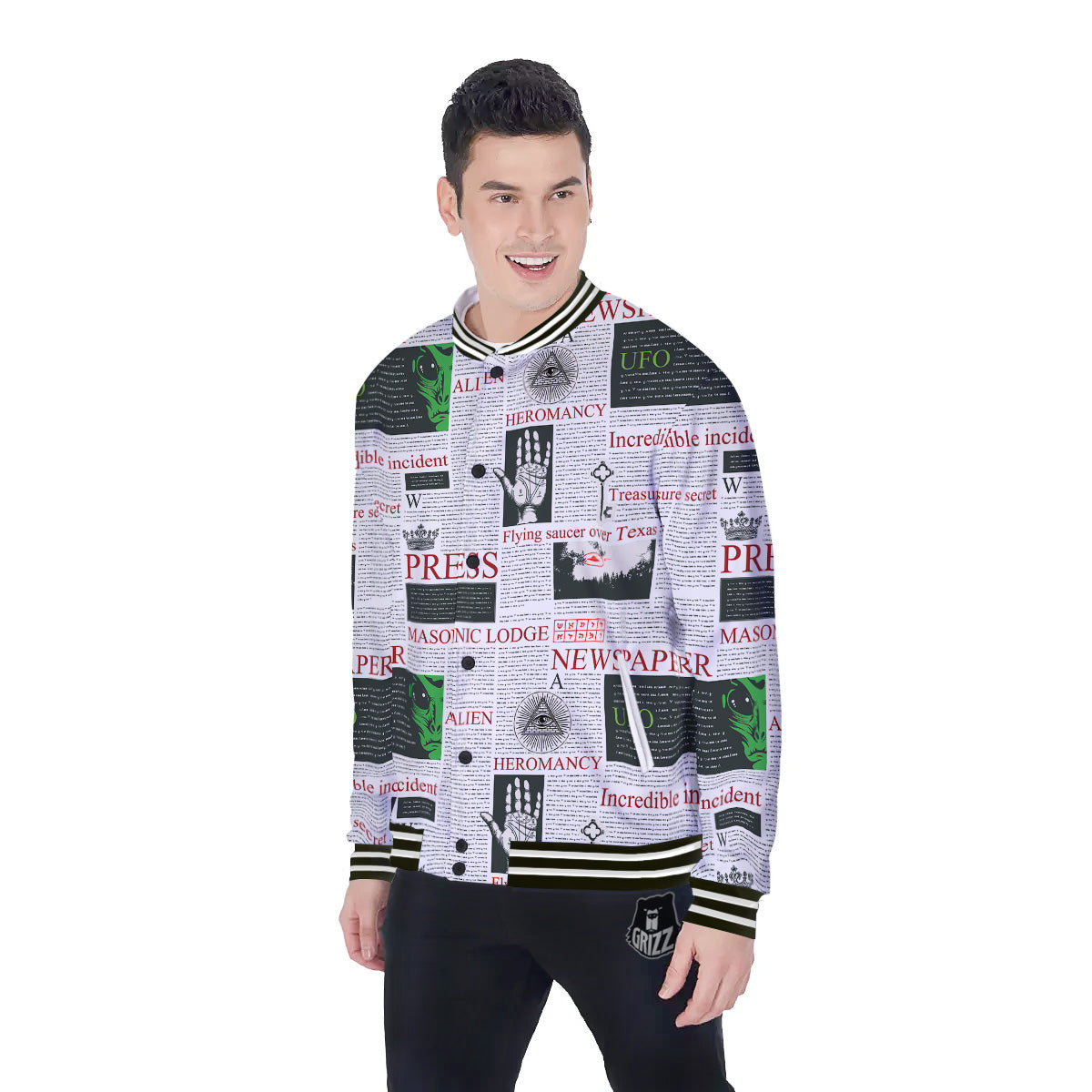 Newspaper Aliens Topic Print Pattern Baseball Jacket-grizzshop