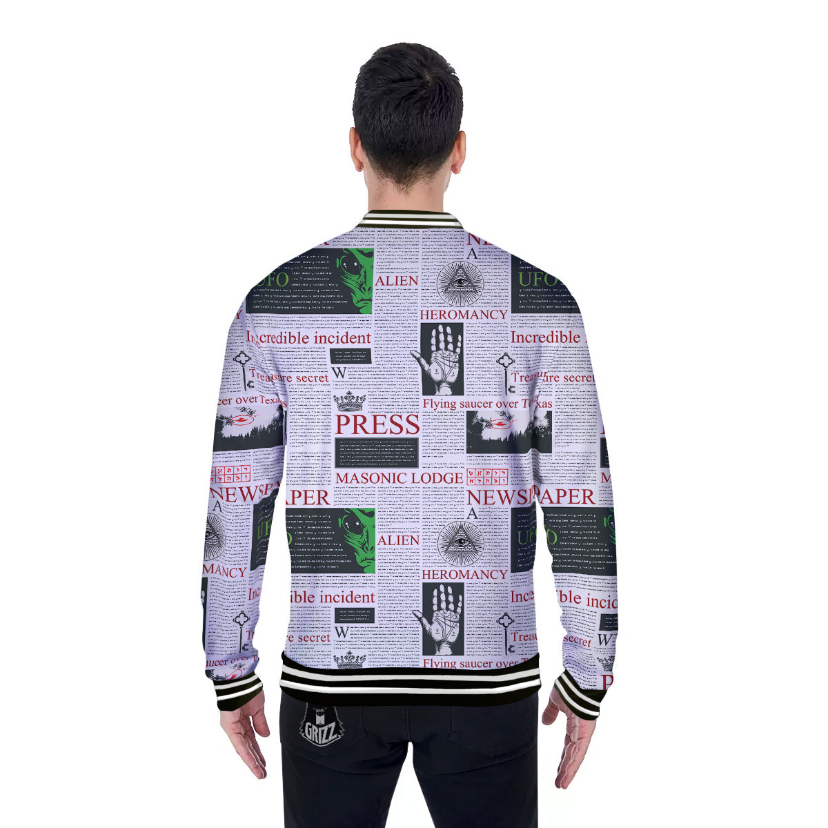 Newspaper Aliens Topic Print Pattern Baseball Jacket-grizzshop